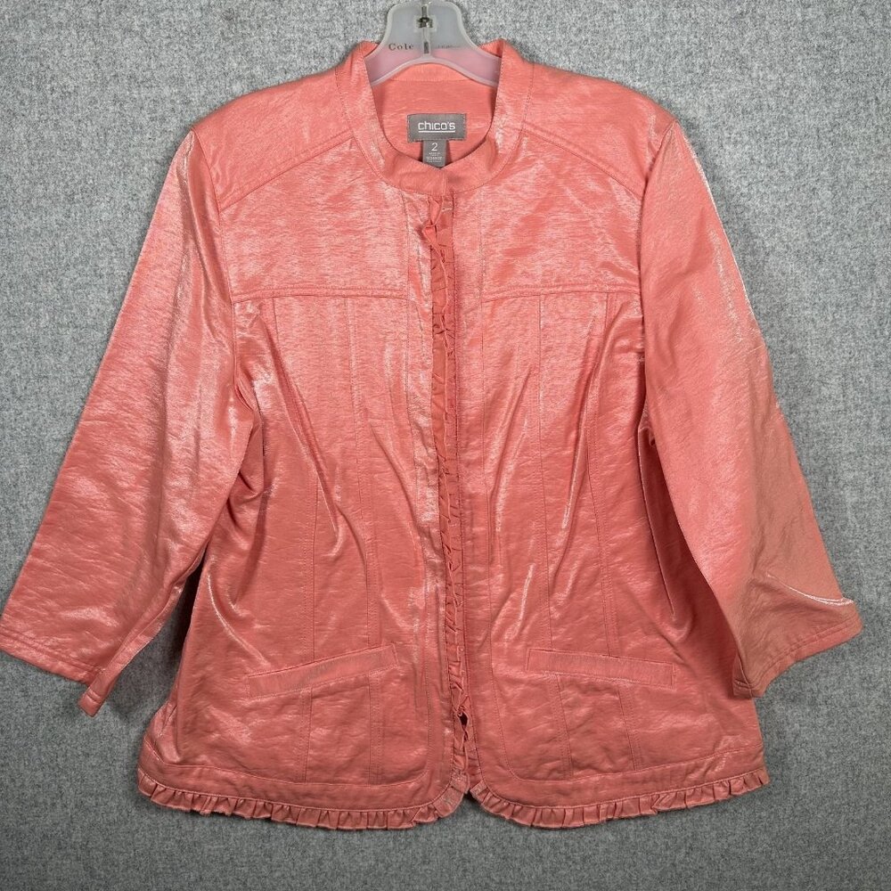 Chicos Size 2 Jacket Womens Ruffle Orange Shimmery 3/4 Sleeve Top Beautiful